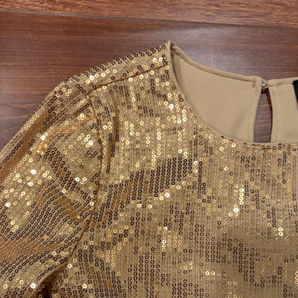 I.N.C. Gold Sequin Dress Girls 7/8 Long Sleeve Holiday Party Shift - Picture 6 of 10